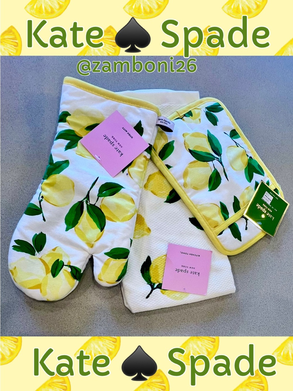 Kate Spade Lemon Oven Mitt, Pot Holder, & Kitchen Towel Set New With Tags